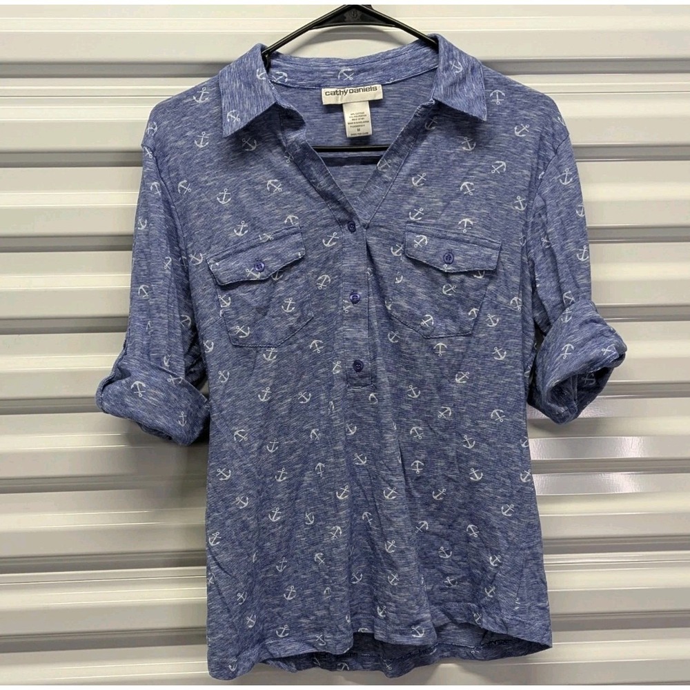 Coastal Grandma Nautical Anchor Henley Top Blue Maritime Preppy Medium